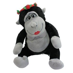 Pem America Black Gorilla Chimp Gray Flower Headband Red Lips 18" Stuffed Plush